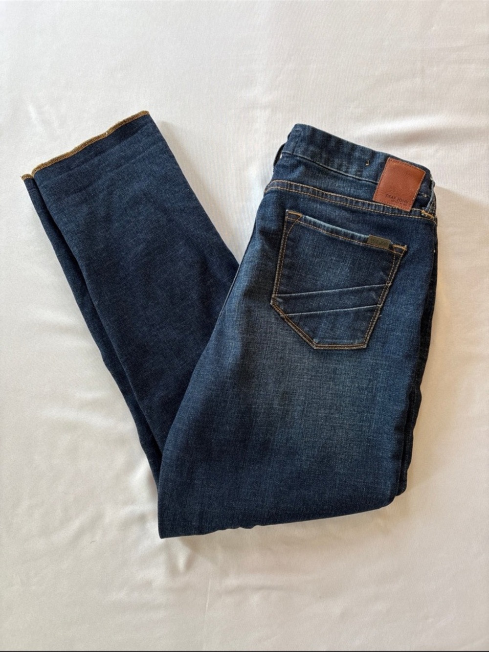 Dear John Women's Straight Leg Jeans in Dark Indigo with Brown Patch